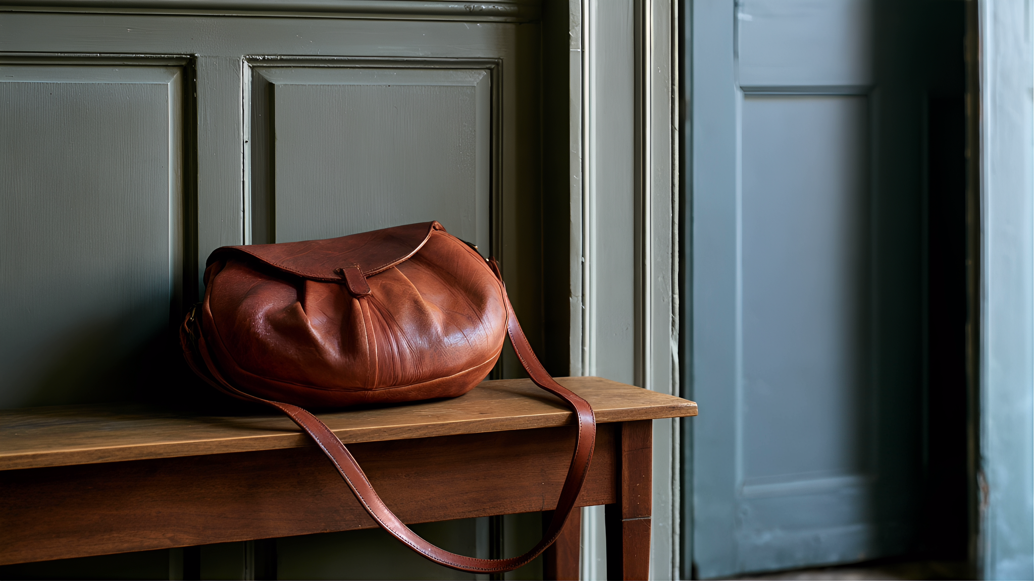 Chestnut shoulder bag resting on a walnut bench