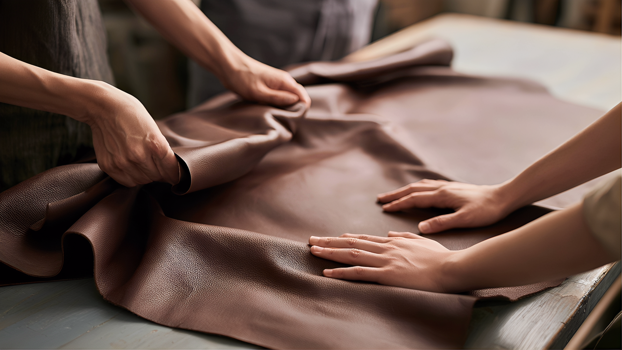 Two people reviewing brown leather at a consultation table