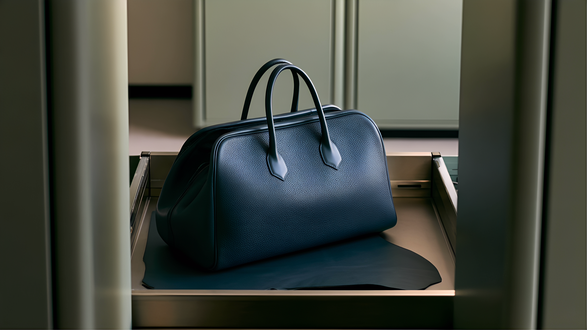 An ink-blue leather top-handle bag in an open metal archive drawer, framed by celadon cabinets