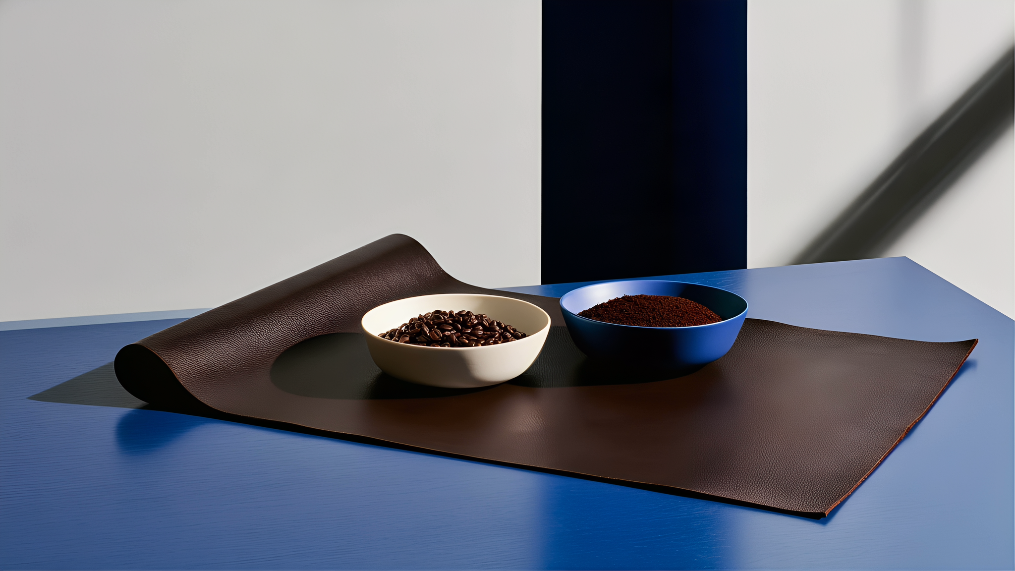 A botanical material concept: roasted coffee beans and dry coffee grounds beside an immaculate espresso-brown leather sheet on a cobalt-blue table