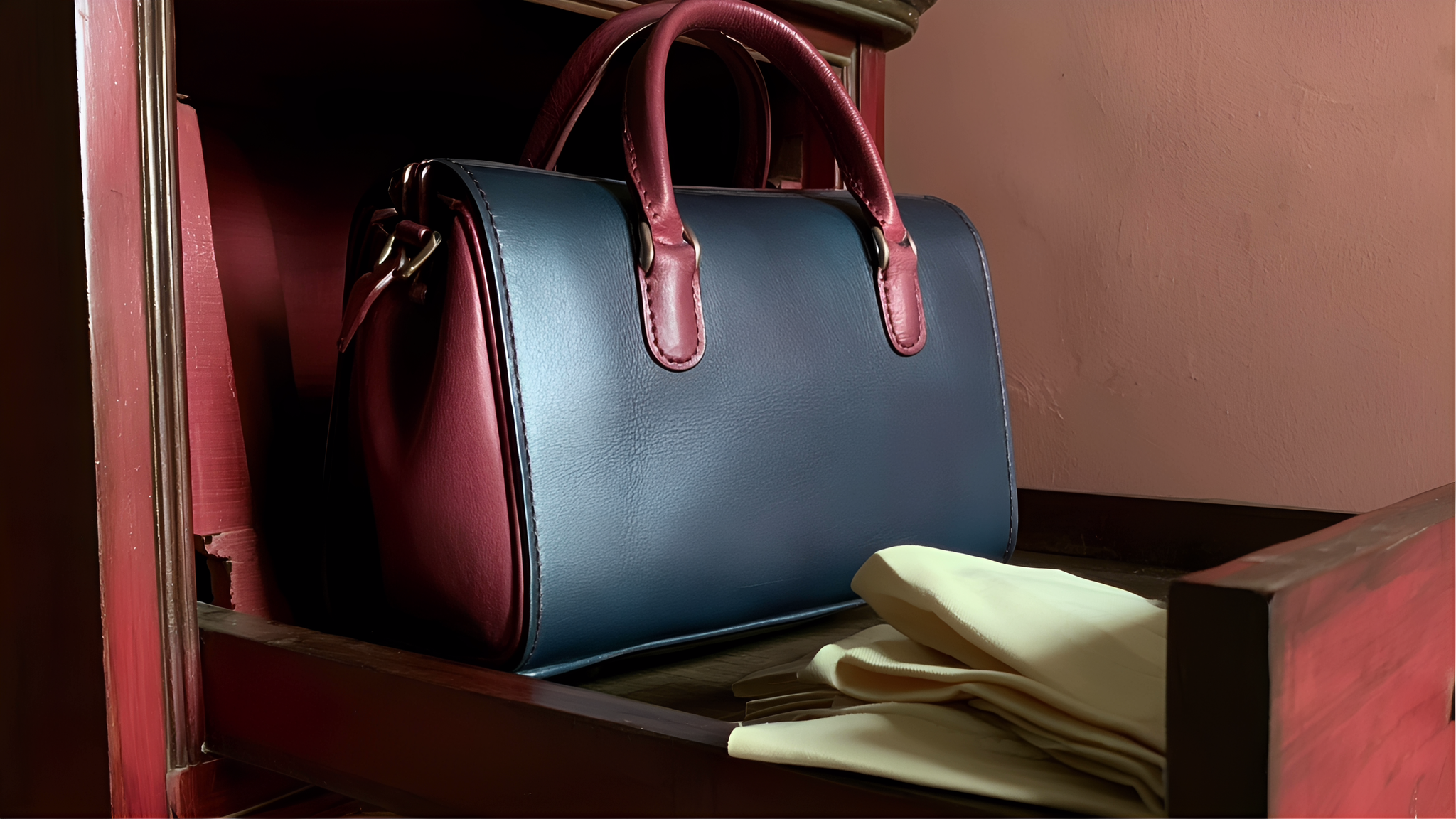 A leather goods application concept: a blue and burgundy fine-grain handbag in a cherrywood cabinet beside pale lemon linen