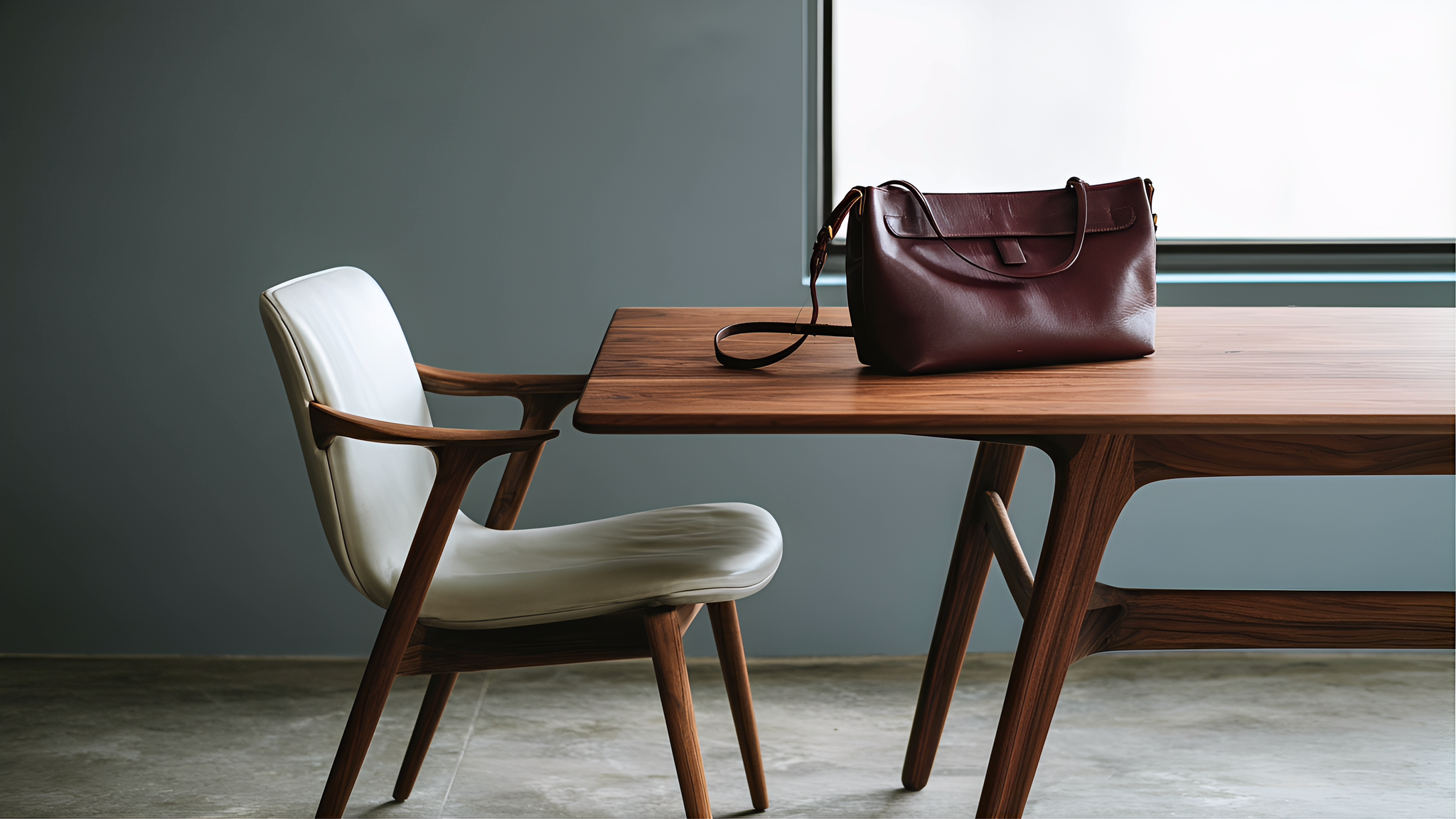 A leather chair and a burgundy bag in a blue-grey room