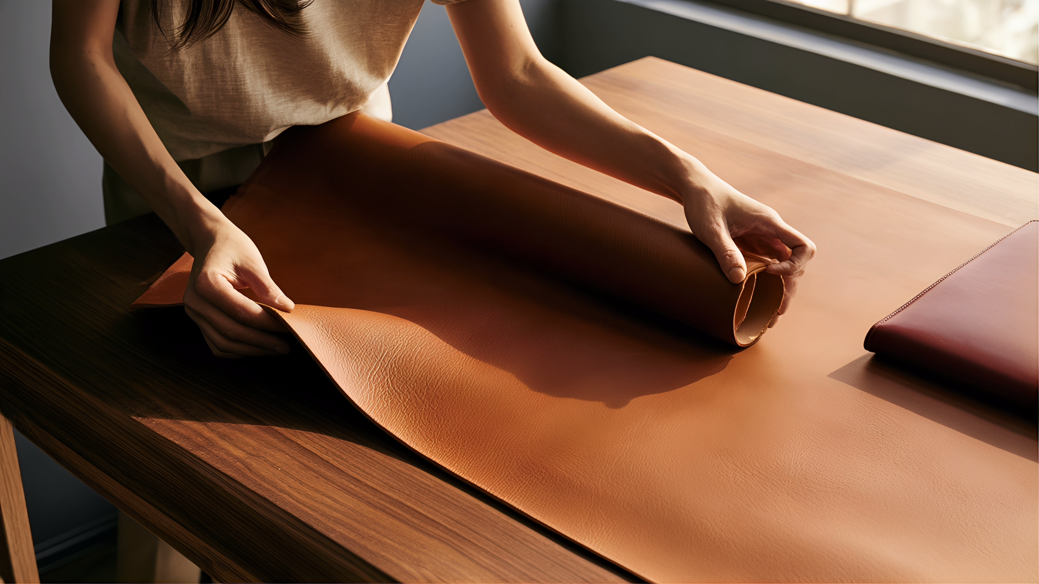 Hands rolling a tobacco-brown leather panel on a work table