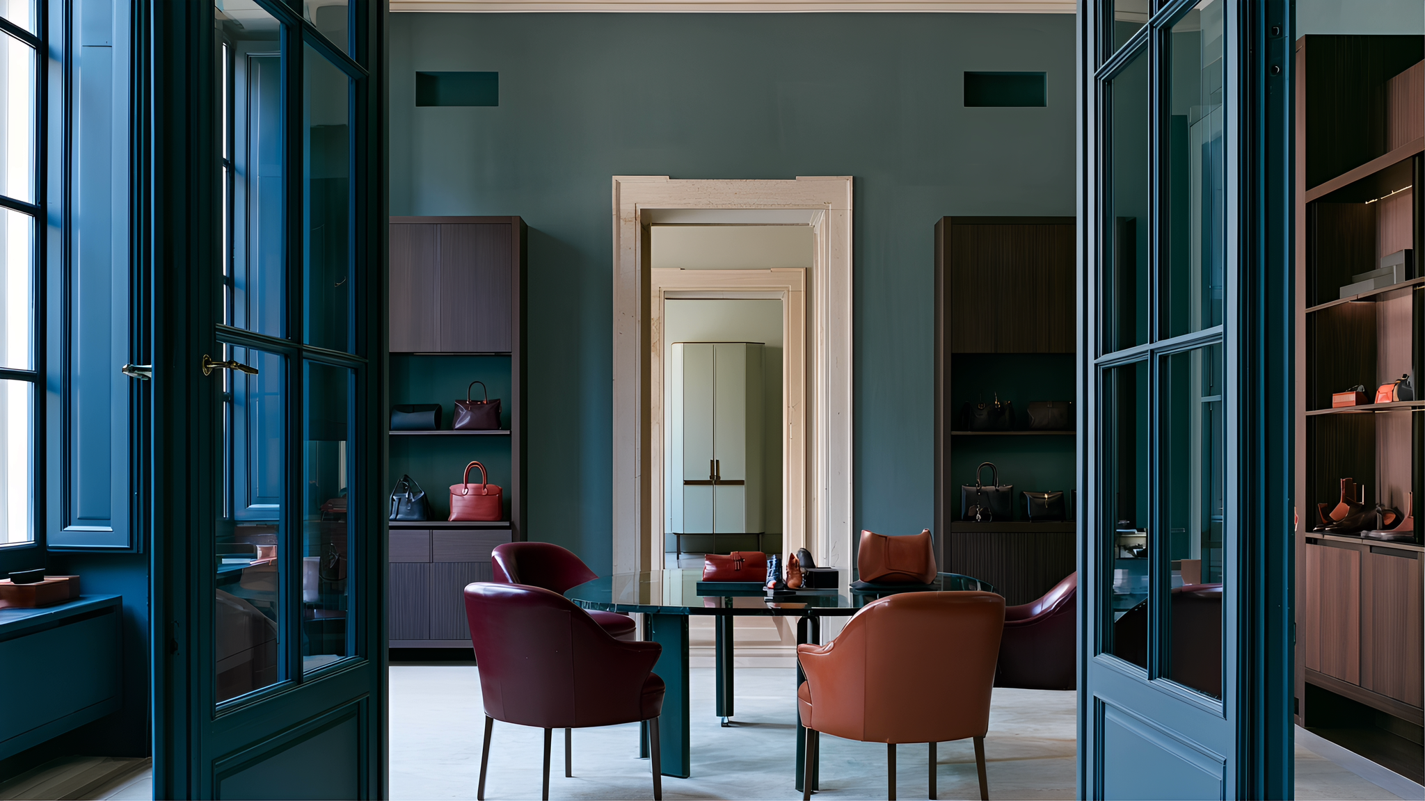Bags, shoes and leather seating across a layered glass-and-walnut showroom